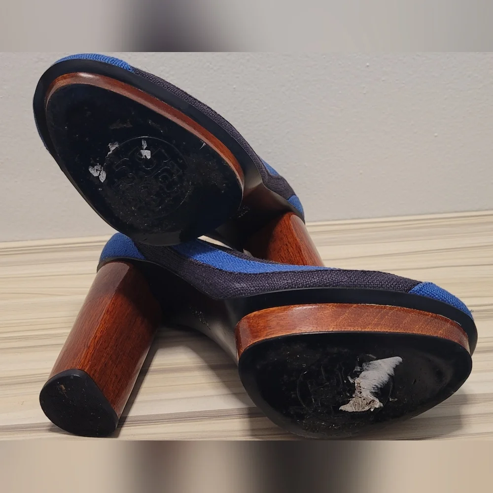 Tory Burch Black and Blue Wedges with Wooden Heel - Picture 9 of 9